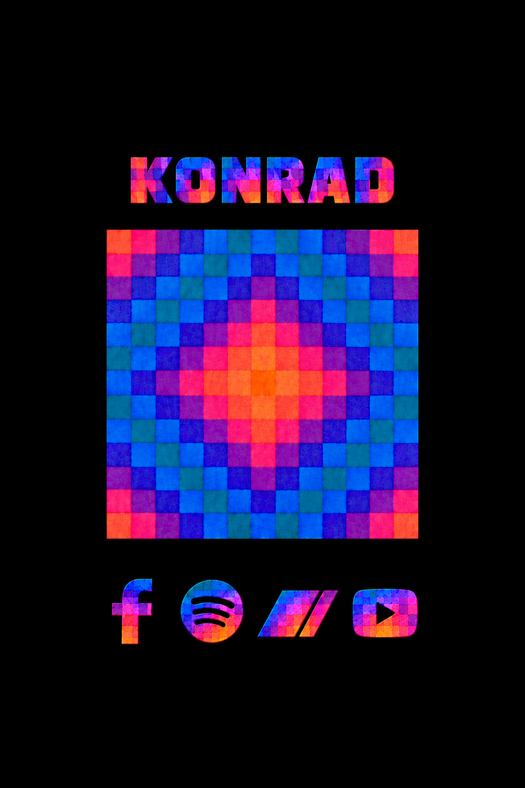 KONRAD colorful lettering above the square artwork, with four matching colorful social icons below